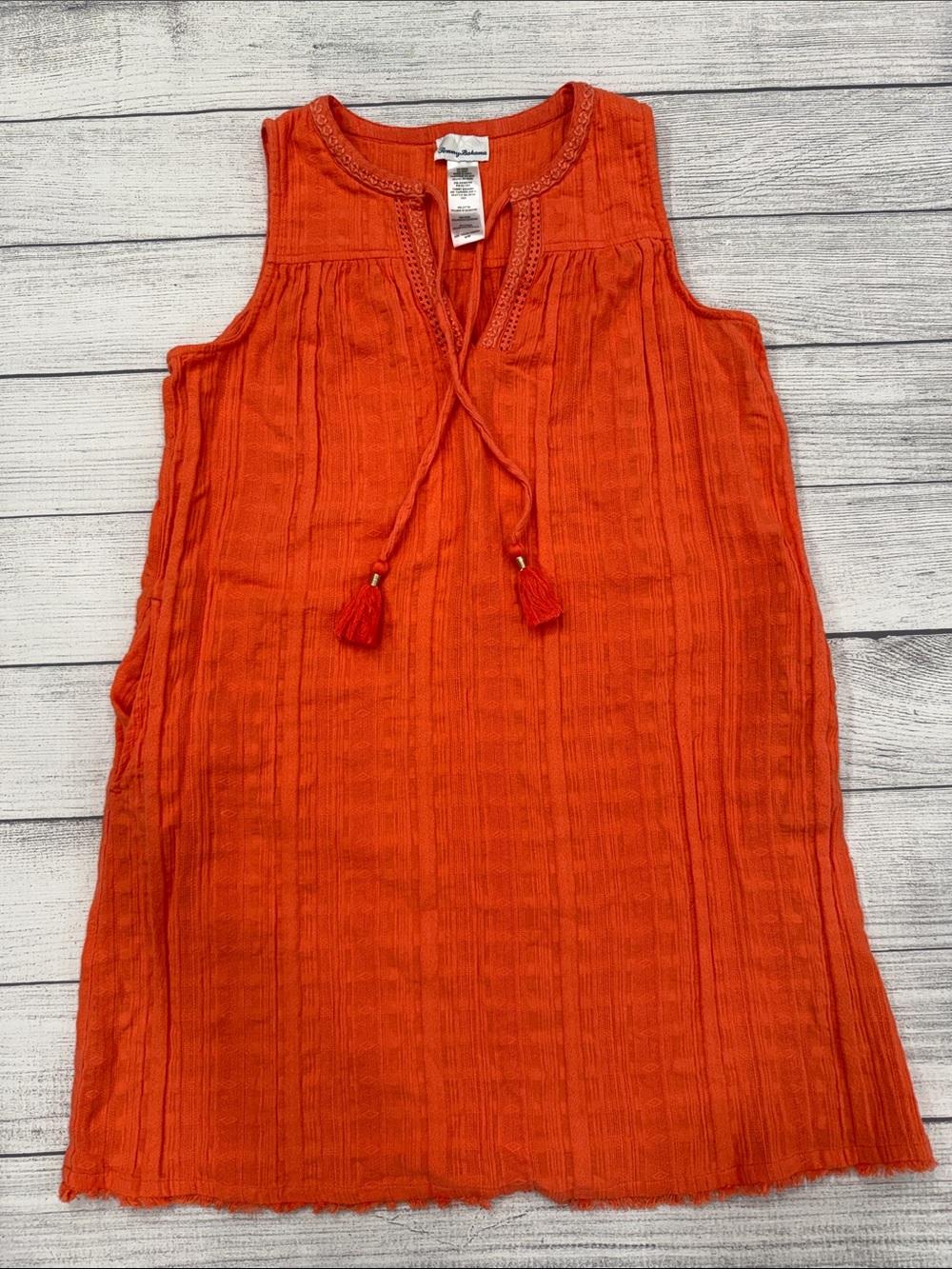 Tommy Bahama Orange Cotton Boho Shift Dress M Pockets Tassel Tie